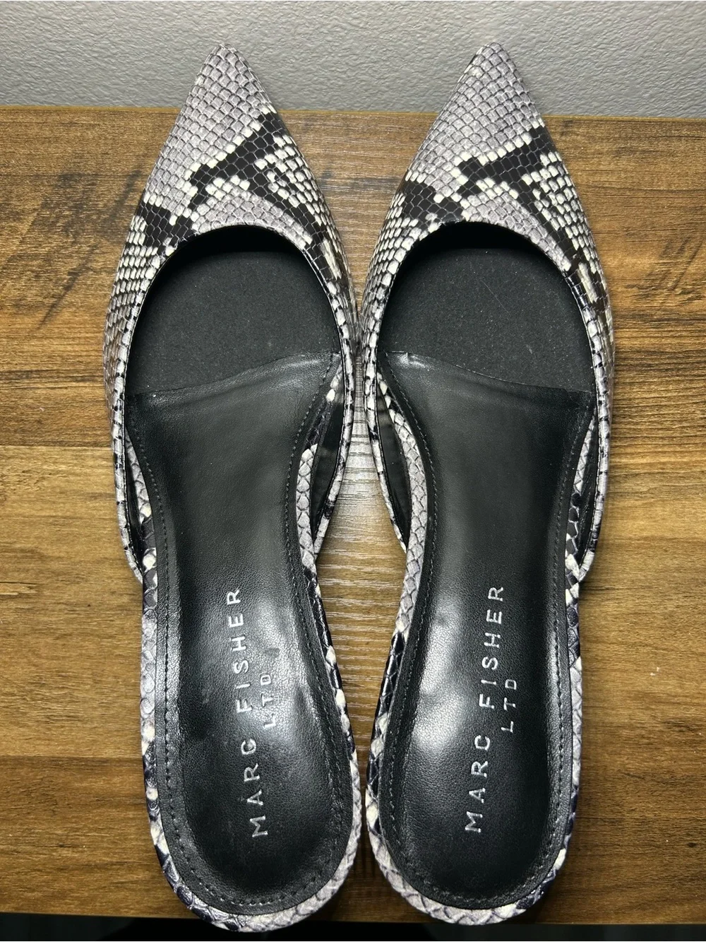 Marc Fisher Snake-Print Pointed Toe Mules in Black and Gray